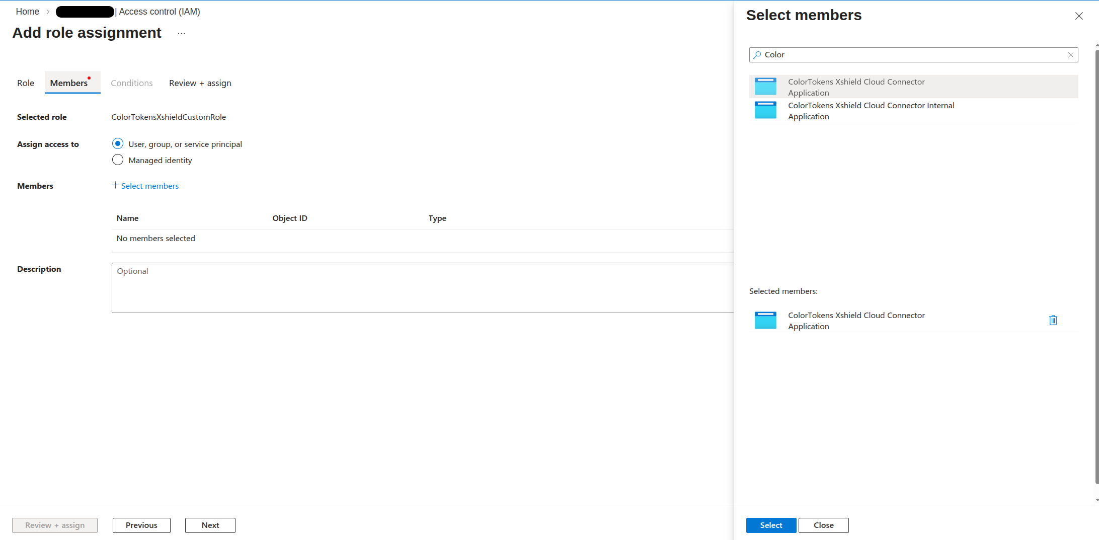 Select the Colortokens service principal