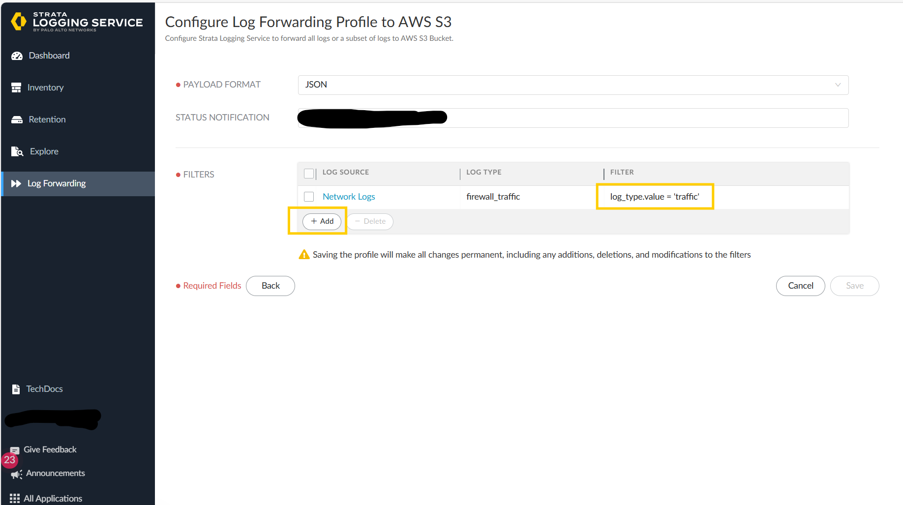 configure log forwarding
